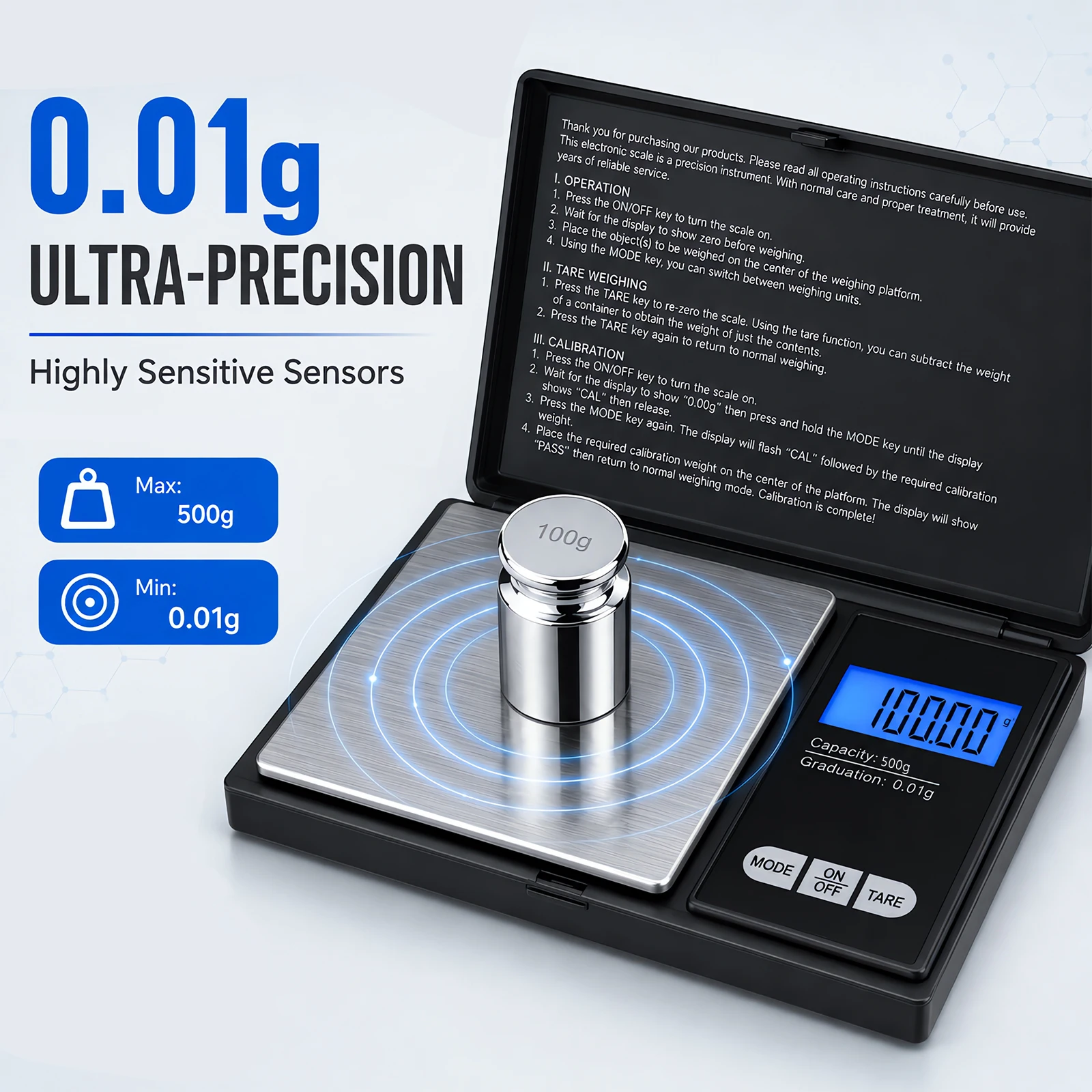 0.01g Precision Digital Jewelry Scale Mini Pocket Electronic Scale for Gold Silver Kitchen Outdoor Weighing Tool