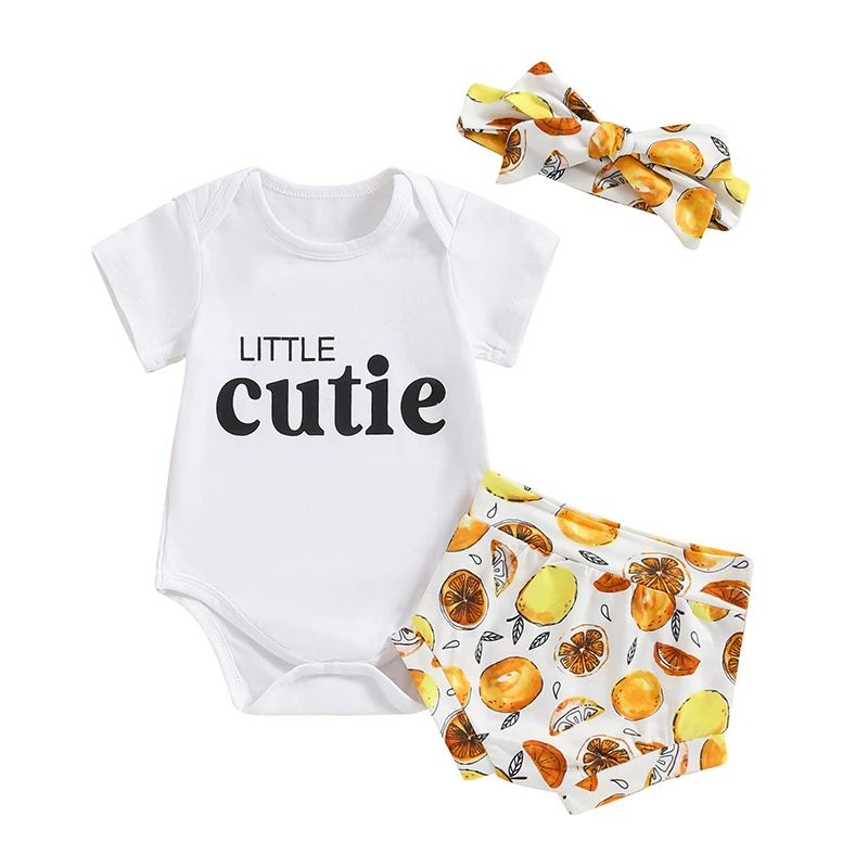 Baby Girls Shorts Set Short Sleeve Letters Print Romper Lemon Print Shorts with Hairband Summer Outfit