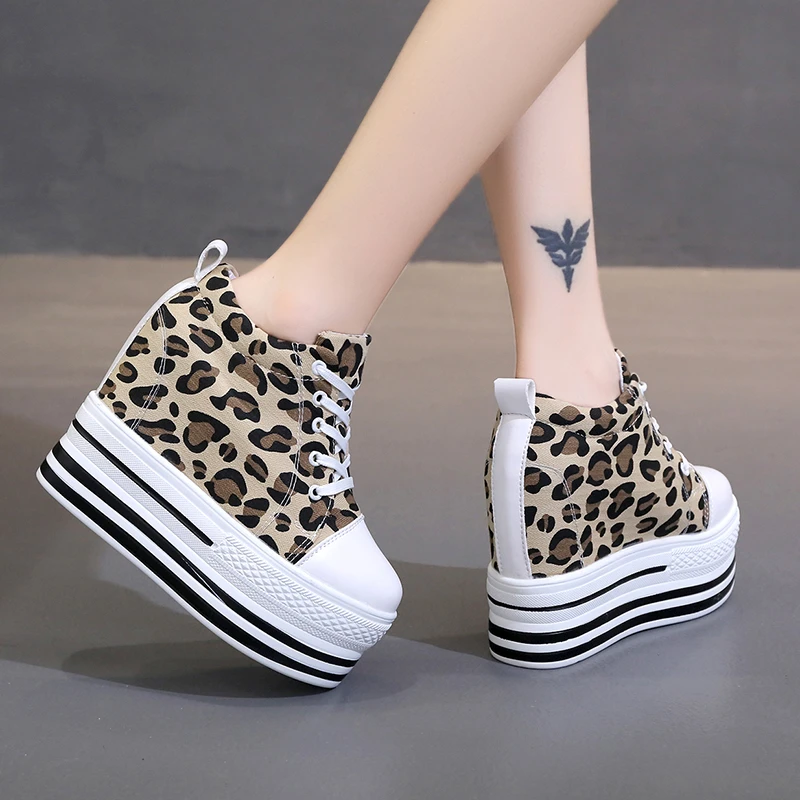 Super high heel platform sneakers women spring and autumn slope with casual canvas shoes black fashion single shoes flat loafers