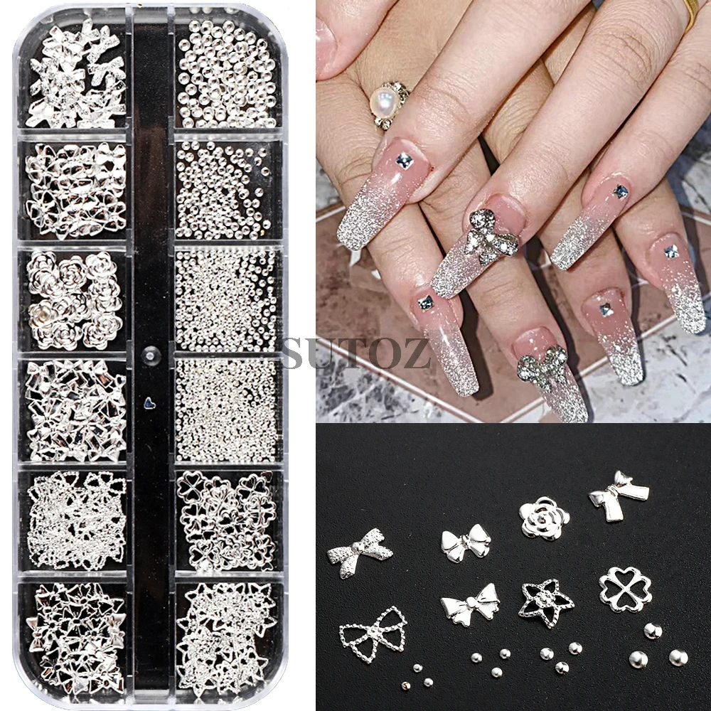 3d encantos de metal para nail art decoração, ouro e liga de prata, flores, arco, amor, coração, brilhante, diy, manicure acessórios, leb12g-hd01