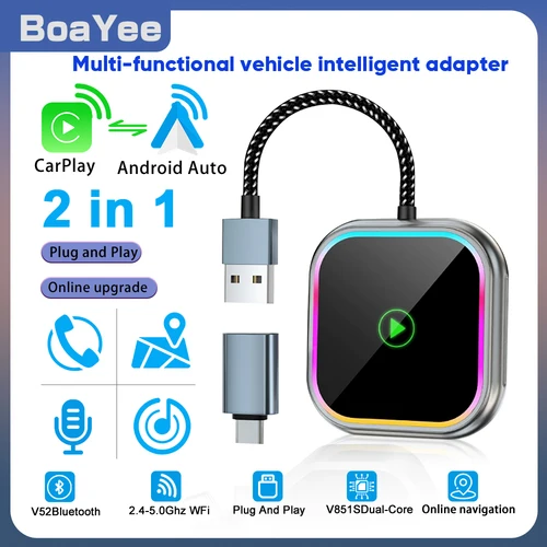 Imagen 1 del producto Adaptador inalámbrico 2 en 1 para reproducción de coche, adaptador apple para Android Auto, WIFI 5G, puerto USB tipo C para iPhone, teléfono Android para coche