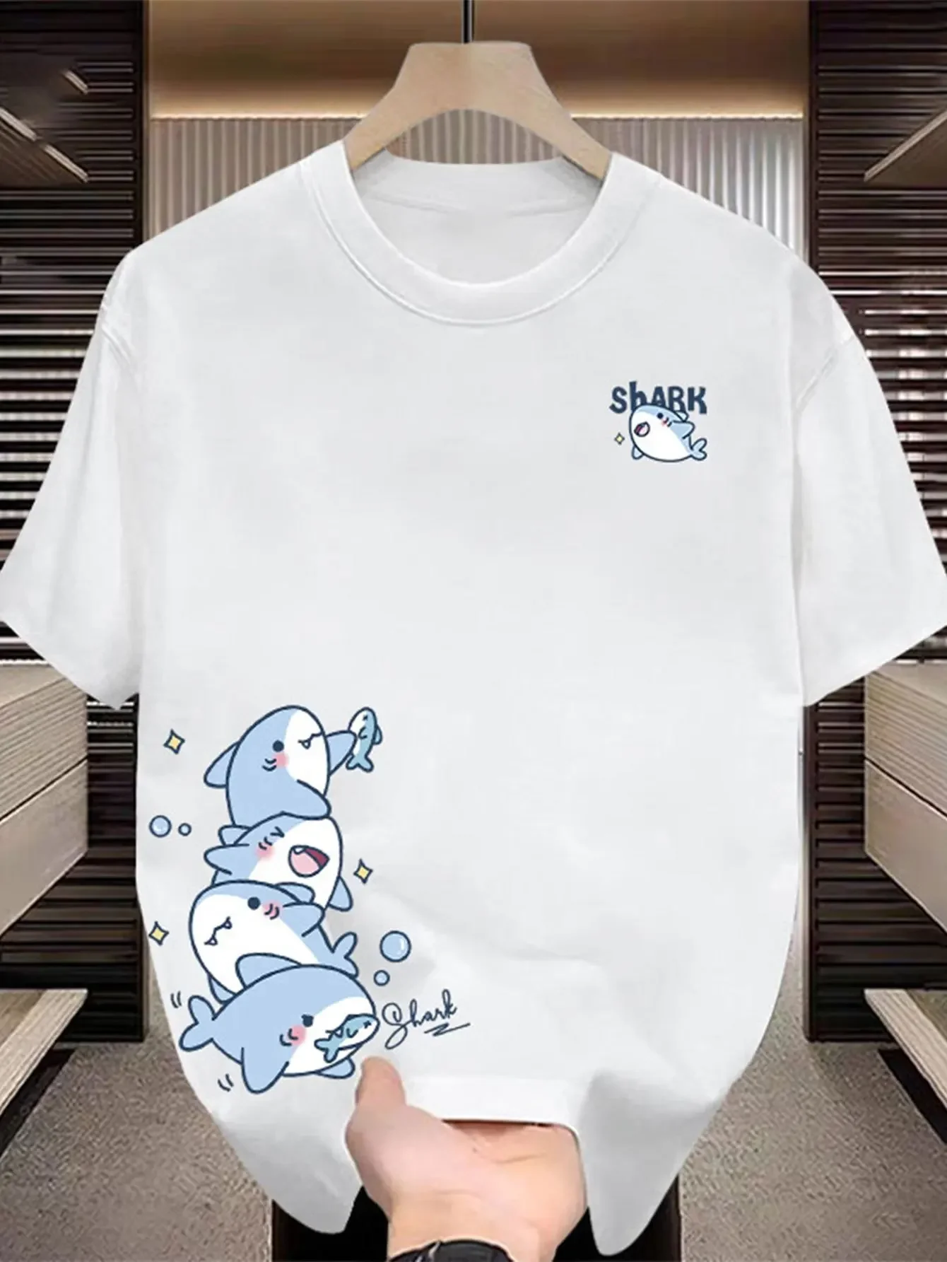 

Creative Shark Print T-shirt Men's New Summer 100% Cotton Sweat-absorbent Breathable Top Outdoor Trendy Men's Clothing