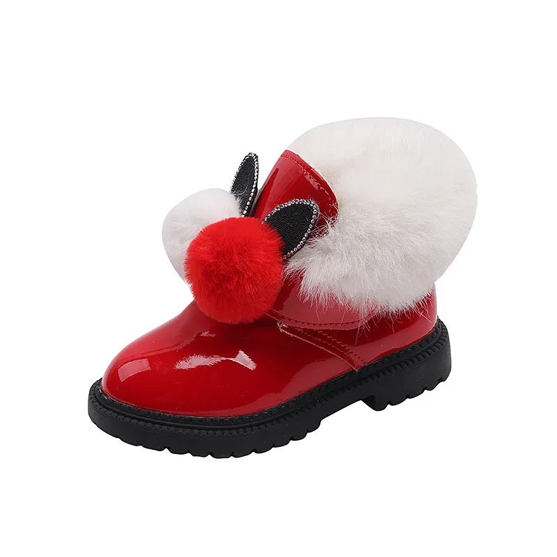 

Fashion Girl Furry Ankle Boots Glossy PU Winter Kids Warm Plush Boots Hairball Hook Loop Princess Children Outdoor Cotton Boots