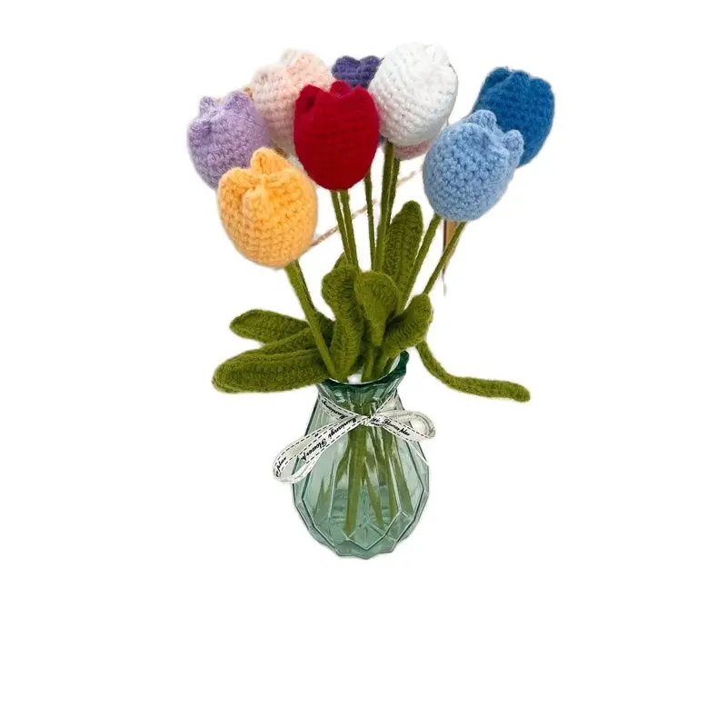 

5PCS Tulip DIY Artificial Flowers Hand Knitting Finished Tulip Flower Wedding Bouquet Eternal Flower Gift Home Decoration