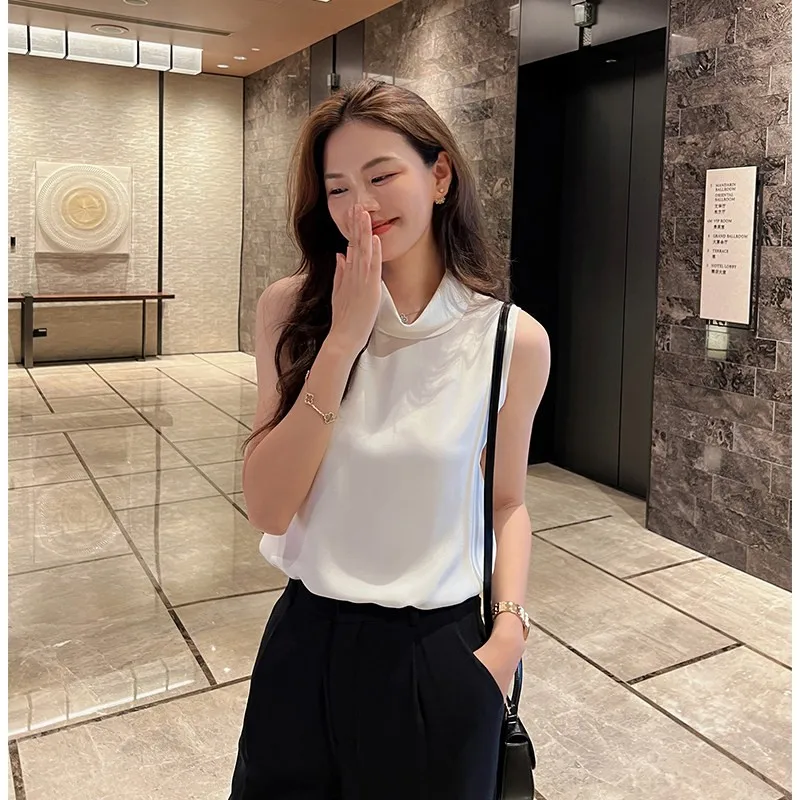 

Летний новый женский жилет Linmei из тяжелого шелка 22 момме с высоким воротником, повседневный, для офиса, белый, модный топ