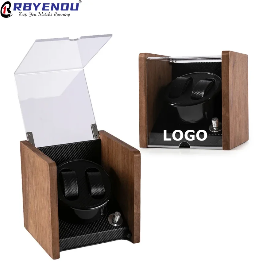 Two Position Electric Tachometer Glass Natural Walnut Wood Watch Winder with Light Automatic Chain up Safe Box Customizable Logo