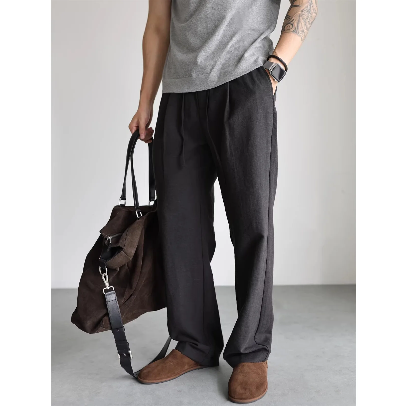 Summer Ice Silk Linen Style Wrinkle-Free Elastic Waist Drape Wide Leg Pants Men's Casual Trousers