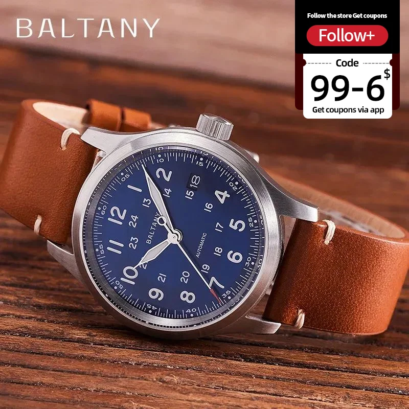 Baltany Orologio da campo militare S2049 Calendario zaffiro Indicatore 24 ore Orologio da uomo di lusso NH35 Meccanico automatico Omaggio Orologi impermeabili