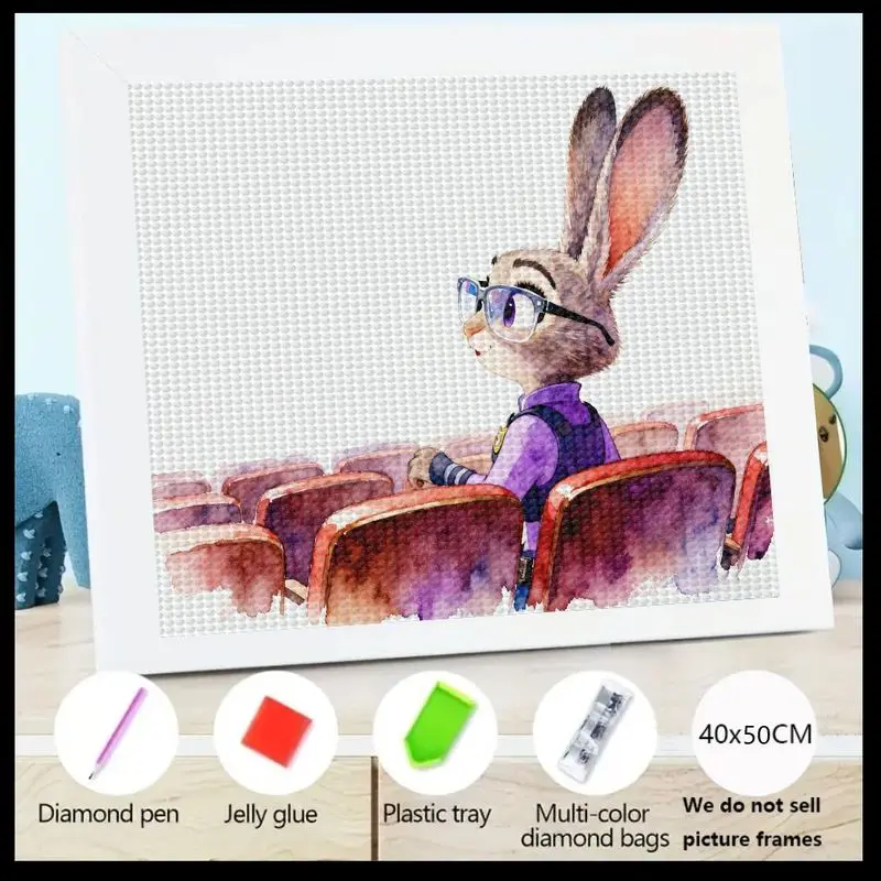 

1PC DIY 5D Full Drill Diamond Painting Kit, Zootopia Judy Hopps Cute Cartoon Rabbit Police Officer Wearing Glasses Watching Movi