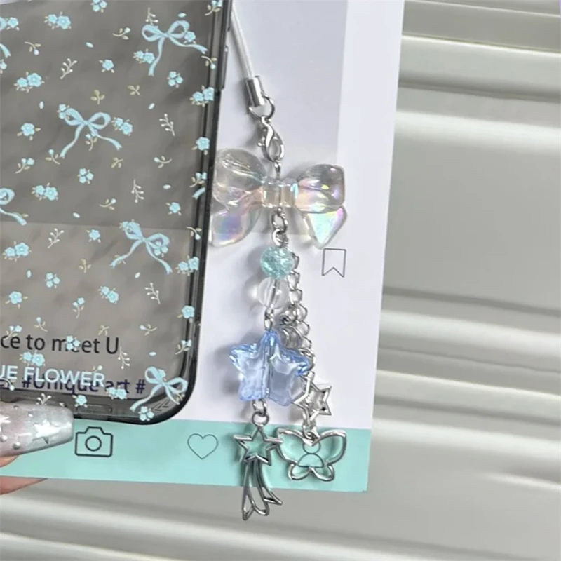 Korea Cute Clear Bow Blue Star Beaded Phone Chain Charm Lanyard For iPhone Samsung Huawei Universal Accessories Jewelry Pendant