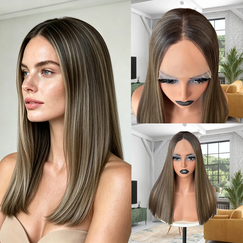 16Inch Soft Straight Premium Synthetic Lace Front Wig for Women Chestnut Brown Highlights Wig Easy to Wear Daily Cosplay Wig