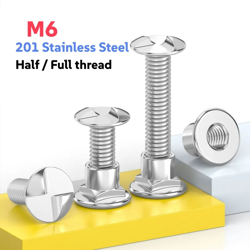 201 Stainless Steel M6 Truss Round Head Square Neck Carriage Screw Security Nuts Anti-theft Screw For Fence Guardrail Railing