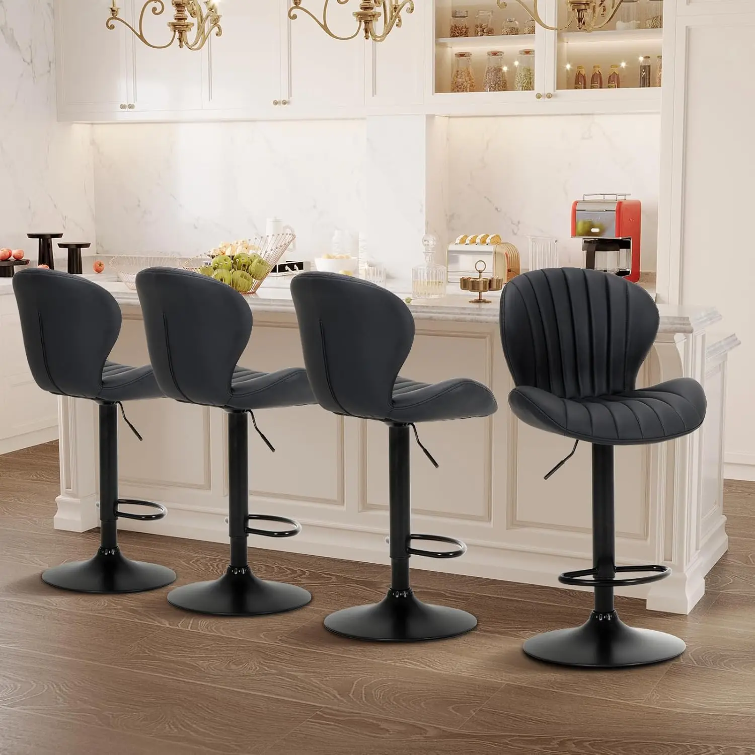 

Bar Stools Set of 4, Modern Swivel Bar Chairs, Adjustable Faux Leather Upholstered Barstools Counter Height with High Ba