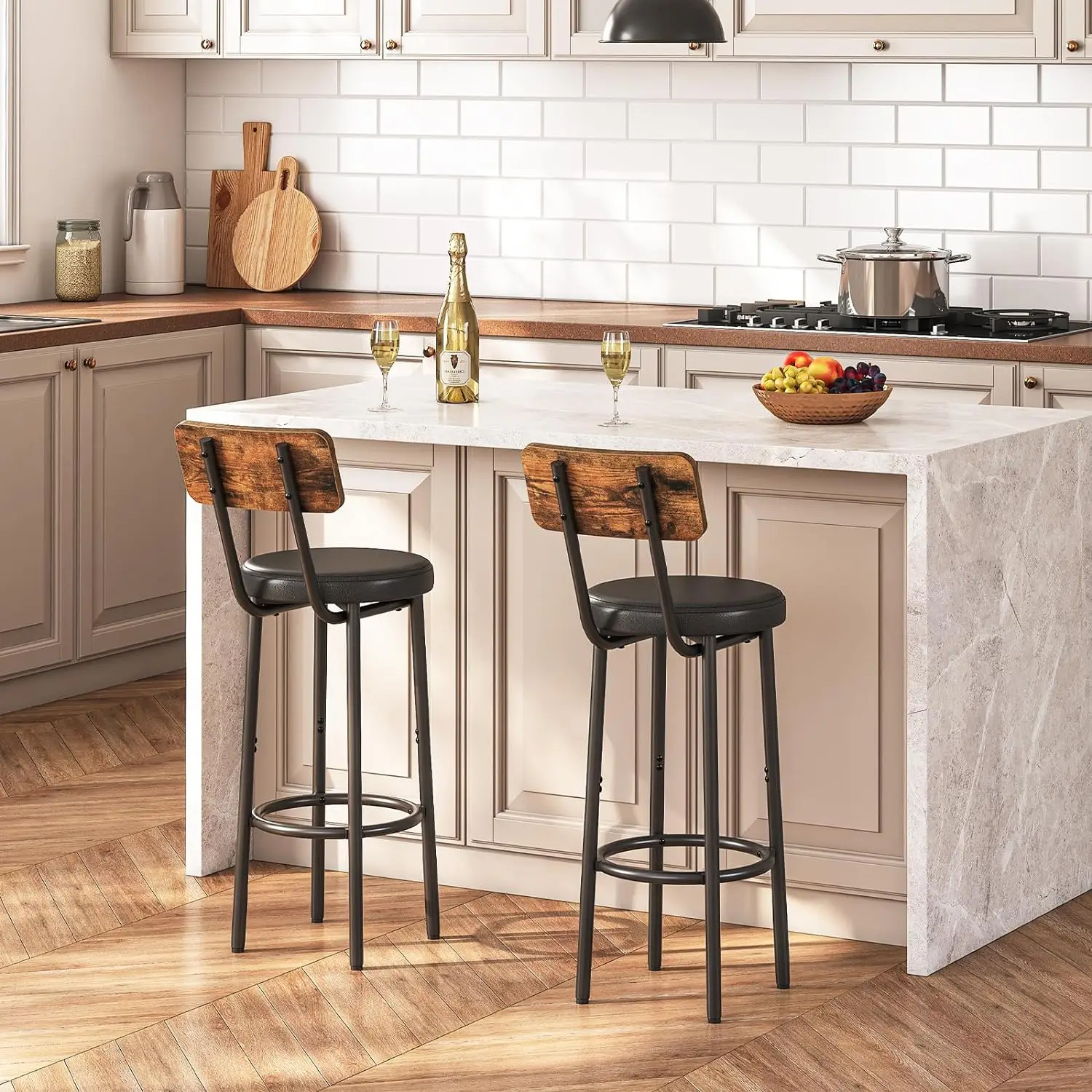 

Comfort Corner Bar Stools,Set of 2 with PU Upholstered,Bar Chairs with Footrest and Back,for Kitchen Island,Brown and Black