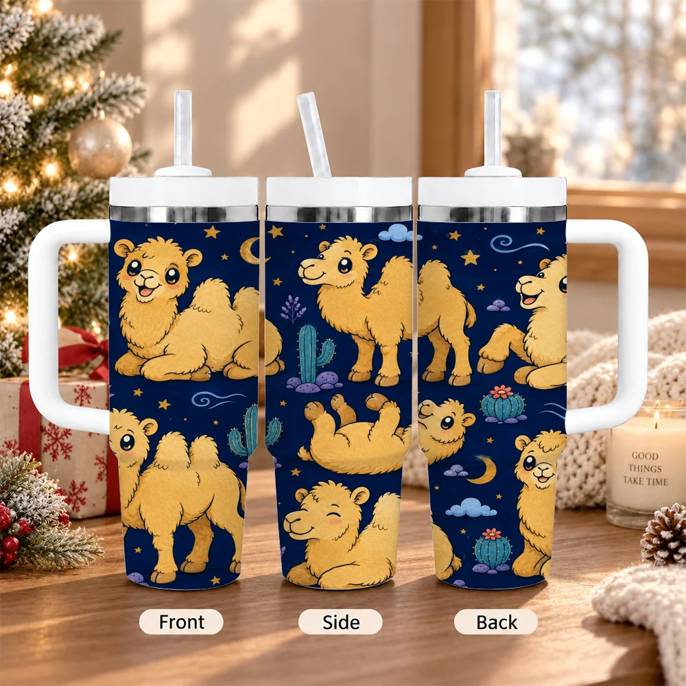 Cute Camel Cactus Moon Star 40oz Tumbler with Handle Straw Stainless Steel Insulated Travel Mug Water Cup Gift Vacuum Flasks