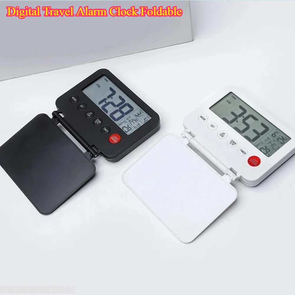 Digital Travel Alarm Clock Foldable - with Calendar Backlight Snooze Temperature LCD Thermometer