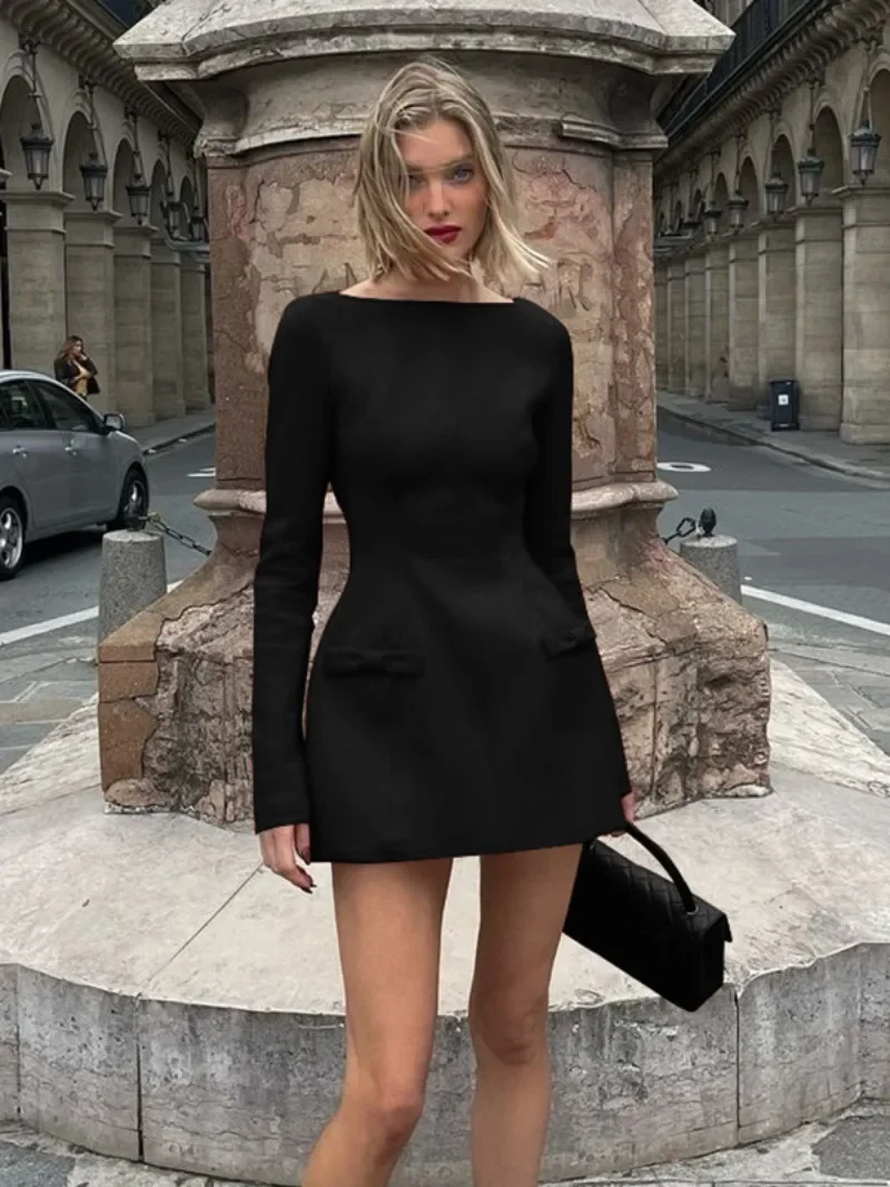 Women's Autumn Long Sleeve Black Formal Dress Elegant Lady O-neck High Waist A-line Short Blazer Dresses Tunics Bowknot Vestido