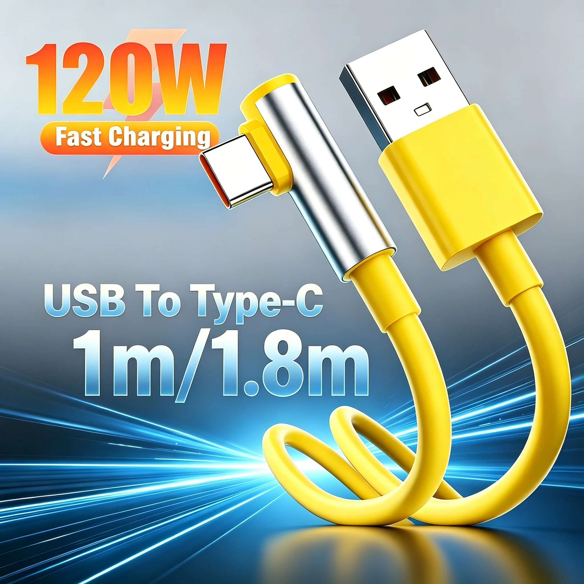 120W Fast Charging Elbow USB C Cable USB to Type-C Quick Charging Cord for Gaming&Daily Use For iPhone Samsung Xiaomi Honor POCO