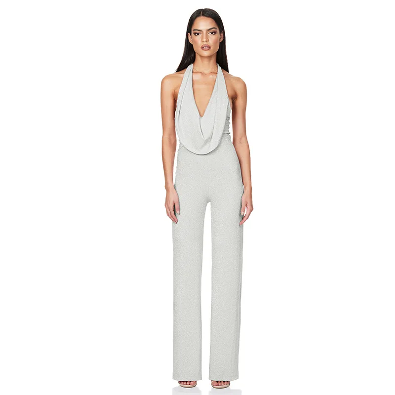 Women's New Silver Stretch Sleeveless Jumpsuit with Hanging Neck and Exposed Back for Women