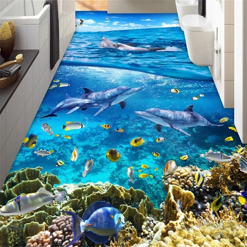 beibehang photo wallpaper room mural beauty PVC self-adhesion floor wallpaper 3d waves shells beach sea star bathroom wall paper