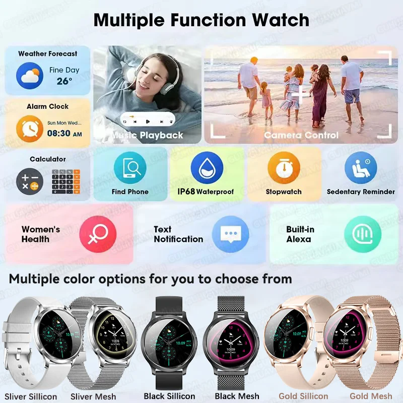 ساعات ذكية عصرية للنساء 1.32 بوصة شاشة AMOLED بلوتوث مكالمة معدل ضربات القلب مراقبة النوم نماذج رياضية ساعات ذكية للرجال والنساء