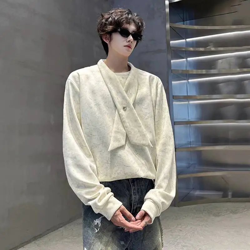 Autumn Men's Tops Korean Style College Design Tie Cleanfit Long Sleeve Sweatshirt Tie-dyed Solid Color Tops Casual KHY7