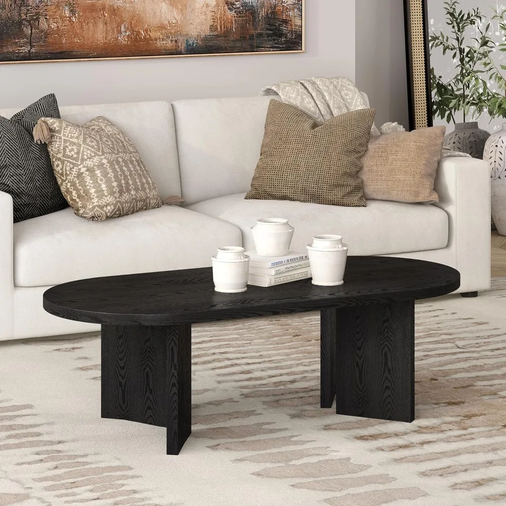 

48 Oval Wood Low-Profile Coffee Table for Living Room, Family Room or Office, Black Grain