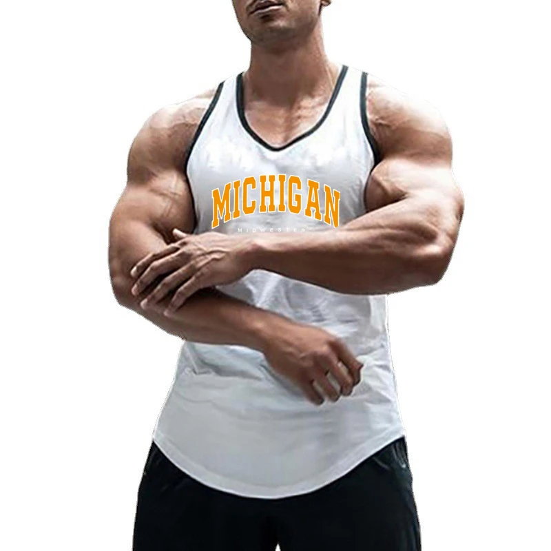 Michigan Midwestern USA Print Sport Singlets Cotton Breathable Sleeveless Gym Bodybuilding T-Shirt Mens Fitness Muscle Tank Tops