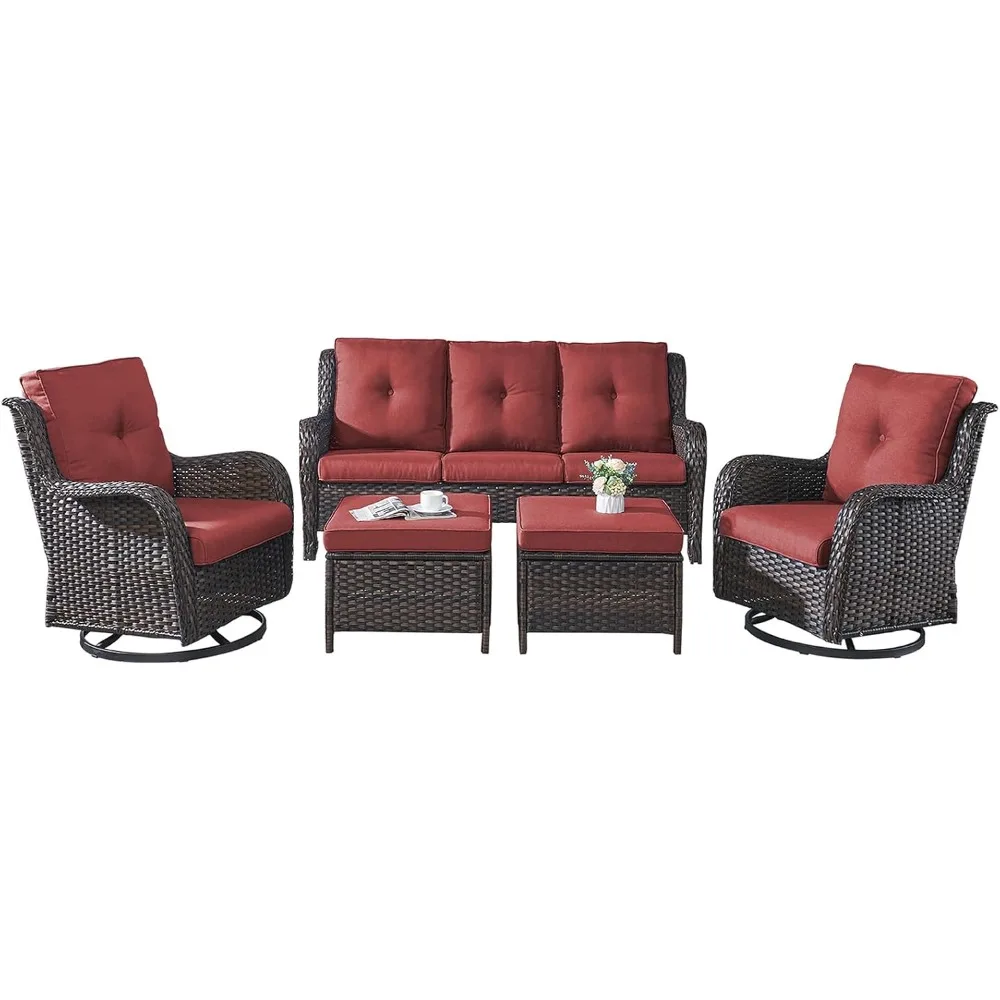 Wicker Patio Furniture Set - 5 Piece Rattan Outdoor Sectional Conversation Sets with 2 Rocking Swivel Chairs,2 Ottomans