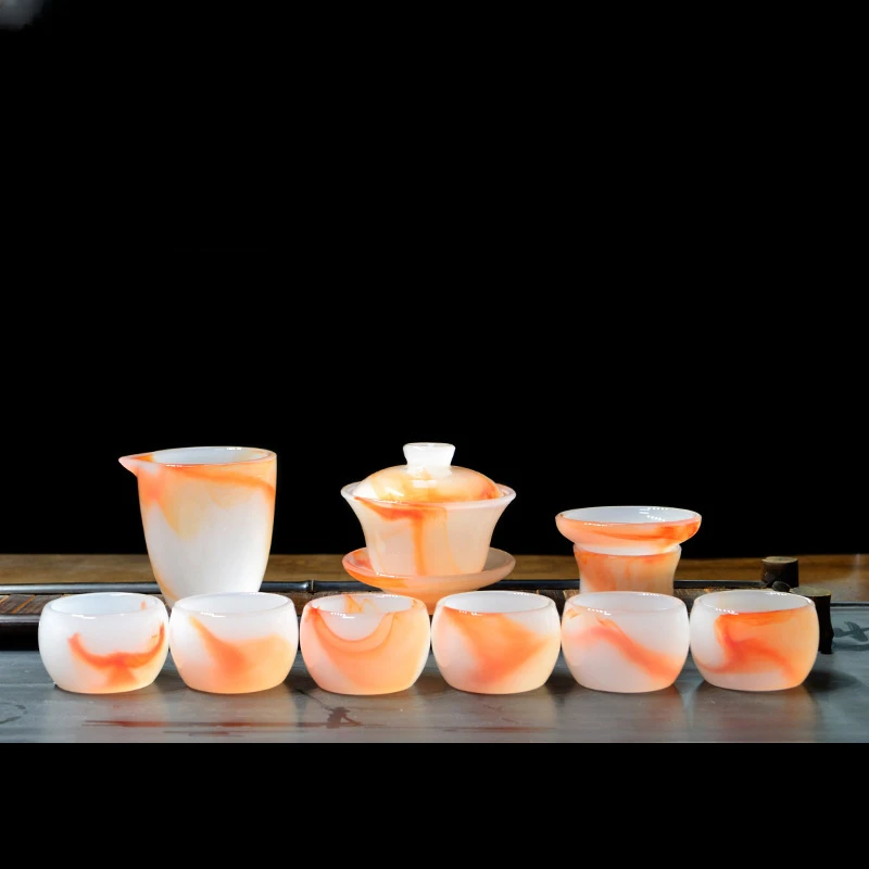 Persimmon Red Jade Porcelain Tea Cup Set with Orange Stripe Glass Liuli Gaiwan Tea Strainer or Fair Cup High Quality Tea Set