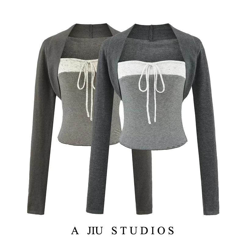 

Korean Style Knot Long Sleeve Slim Fit Striped Tube Top Outerwear Two Piece Set for Women Fashionable Elegant