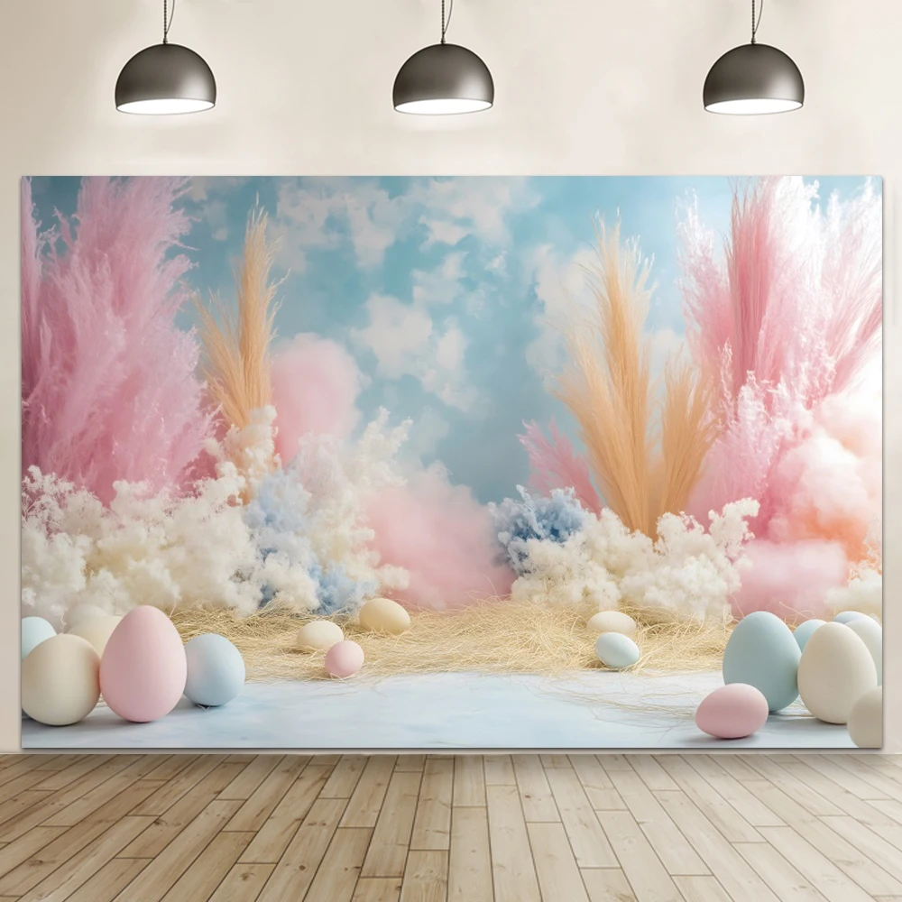 Pink Spring Eggs Easter Theme Photography Background Boho Floral Easter Party Birthday Art Portrait Backdrop Photo Studio Prop
