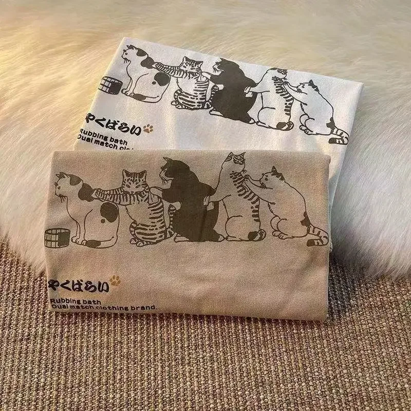 Summer Japanese small fresh short sleeved T shirt men and women couple tide brand retro cartoon cat printing half sleeve t shirt