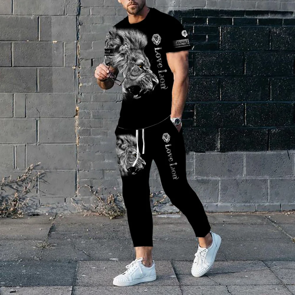 Summer Short Sleeve T-Shirt Men\'s Sets Male Jogging Sport Fashion Animal Tiger Lion 3D Print Oversize Tracksuit Two Piece Outfit