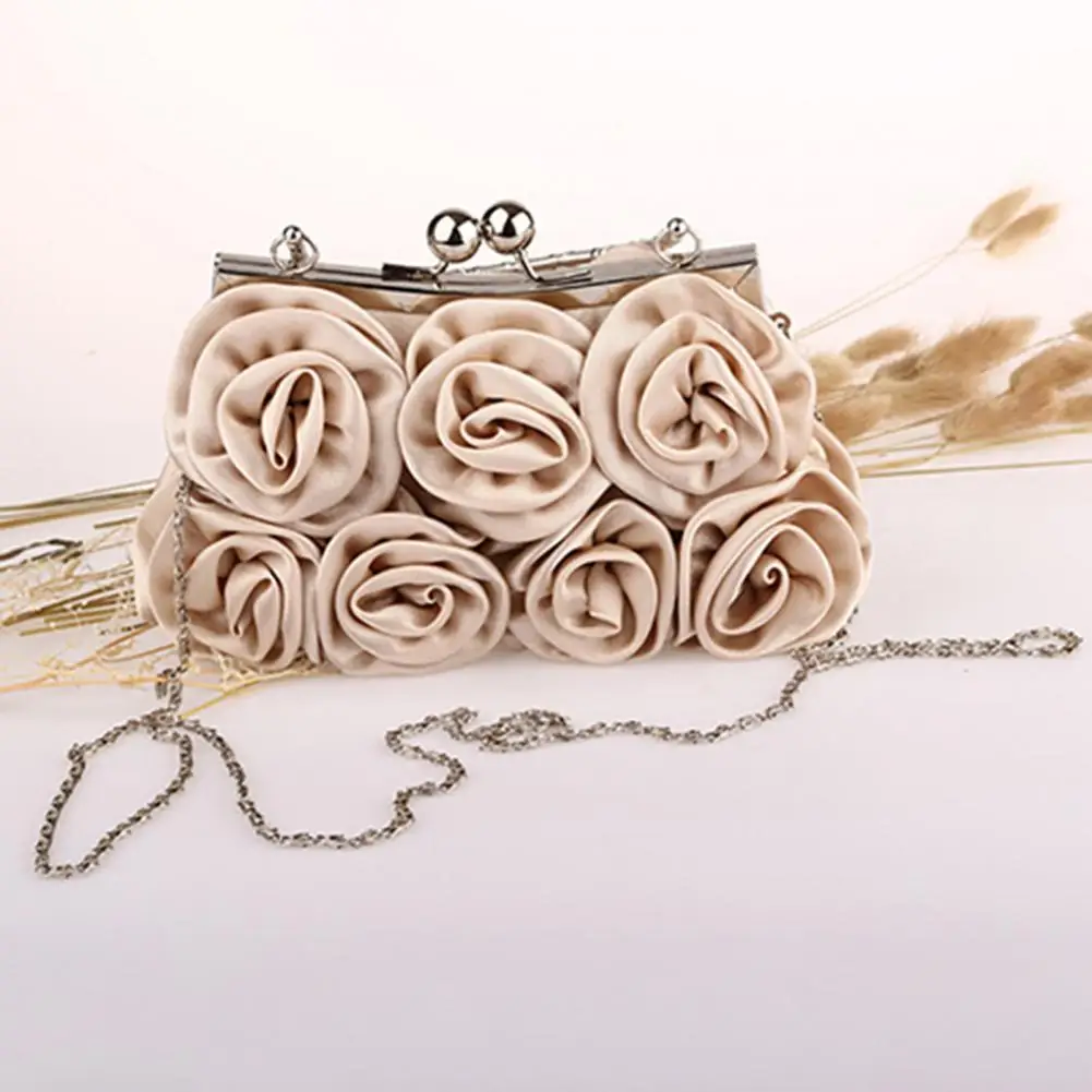 Women Girls Silk Rose Flower Handbag Wedding Bridal Clutch Bag Metal Chain Shoulder Bag Lady Crossbody Bags Purse Chic Tote Bag