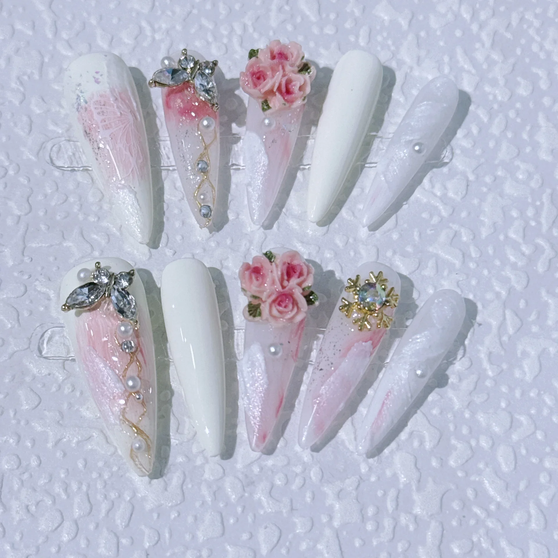 Press On Nails Handmake Diamond Encrusted Butterflies Gentle Fairy Pink Peach Blossom Fake Nails Removable and Reusab