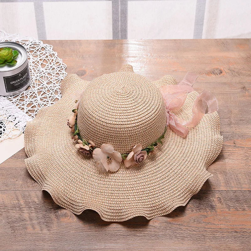 Women's Big Wave Flower Straw Hat Summer Outdoor Beach Sun Hat UV Protection Sunscreen Visor Cap for Vacation Travel Holiday