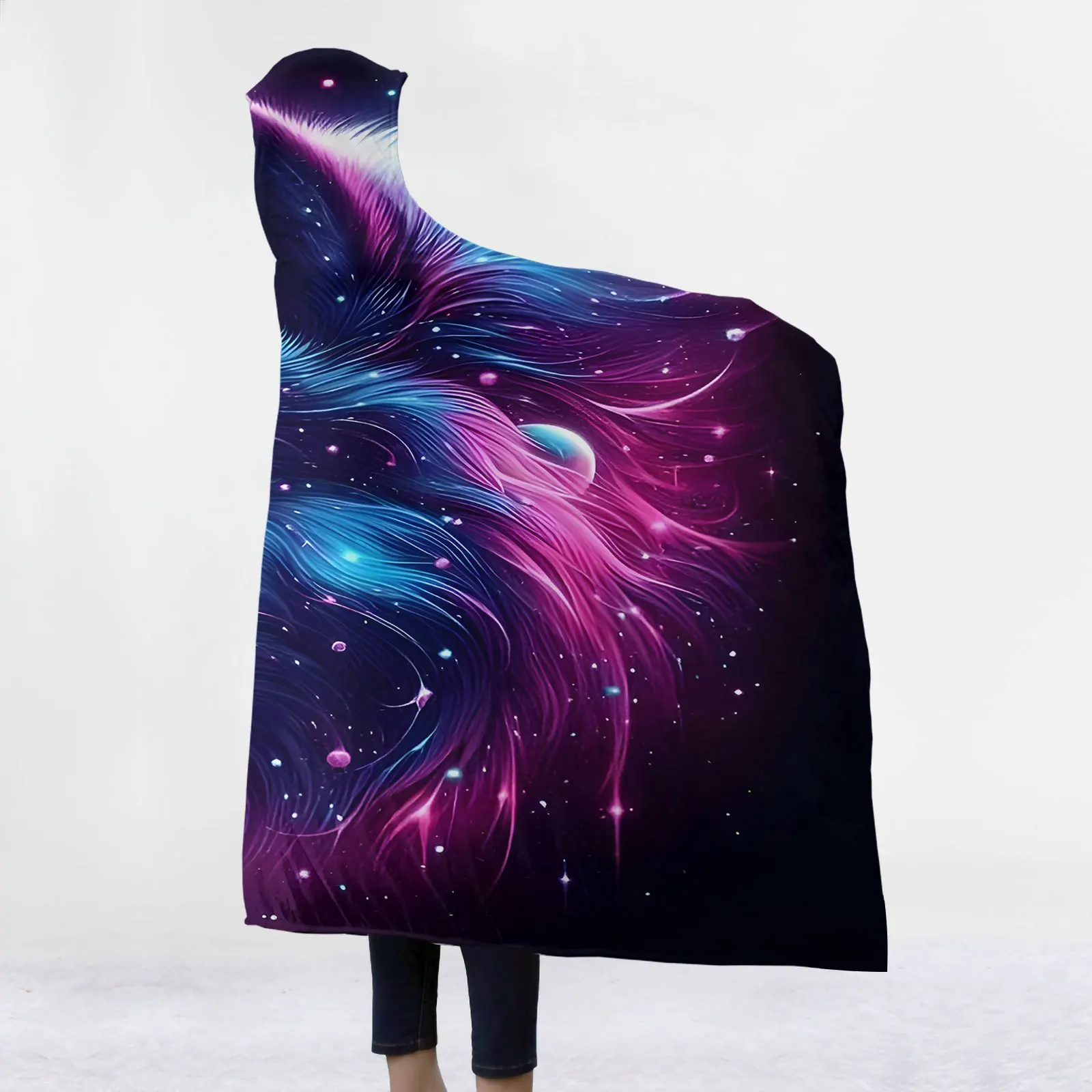 1pc Interstellar Wolf Spirit Light Comfortable Hooded Blanket Soft Warm Flannel, Digital Print | Suitable for Sofa, Office Use