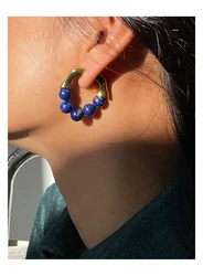 Brass With 18K Real Gold Natural Beads Hoop Earrings Women Jewelry Party Boho T Show Gown Runway Rare Korean Japan INS