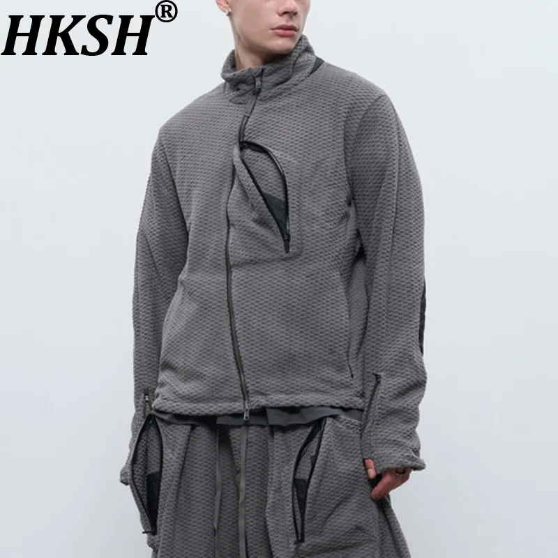 HKSH Spring Autumn New Men Niche Design Spliced Contrast Color Curved Split Fleece Jacket Trend Fashion Casual Punk Coat HK19066