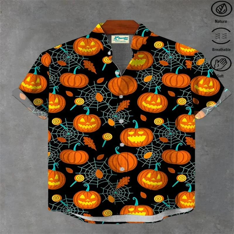 2026 Bamboo and Hemp Halloween Ghost Skull Printed Men's Button Pocket Shirt Pumpkin Printed Men's Stand up Collar Shirt