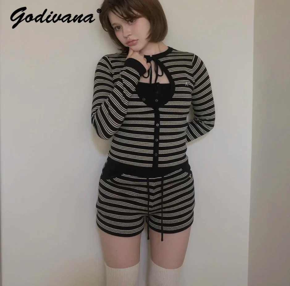 Women Autumn New Japanese Sweet Innocent Alluring 3 Piece Outfit Striped Cardigan Shorts Girl Casual Matching Clothing Set