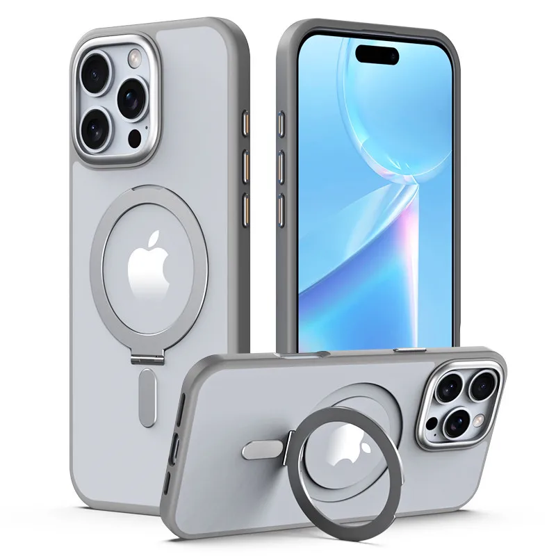 

Premium Armor Clear Case For iPhone 16 Pro Max Plus Strong Magnetic Metal Ring Hidden Stand For Magsafe Wireless Charger Mount