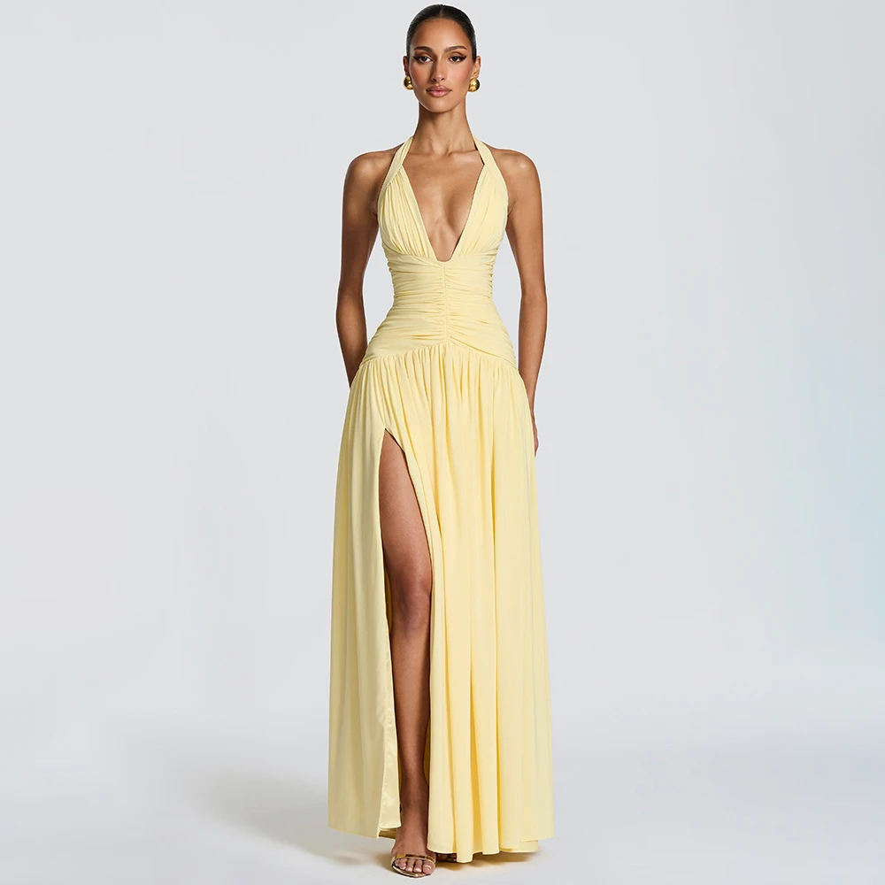 Mozision Halter Diepe V-hals Sexy Maxi Jurk Vrouwen Elegante Off-shoulder Mouwloze Hoge Split Geplooide Club Party Lange Jurk - afbeelding 2