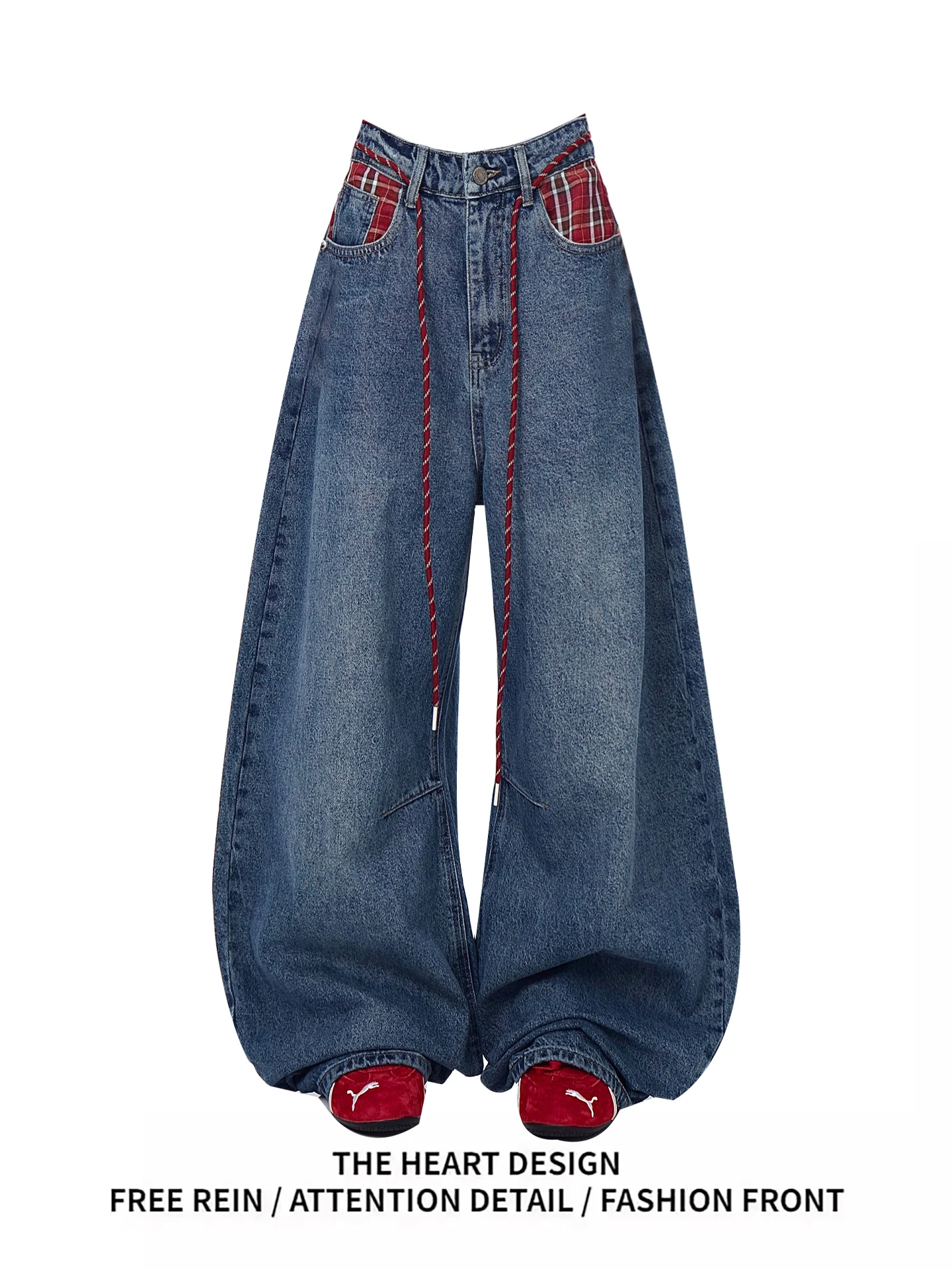

American Retro Plaid Pocket Splicing Wide Leg Jeans Women Loose Straight Loose Leg Pants Casual High Waist Denim Blue
