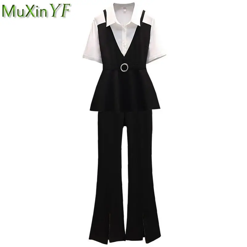 

Women Summer Work Clothing 2022 New Office Lady Graceful Patchwork Shirt Black Flare Pants Two Pieces Set Fashion Slim Outfits