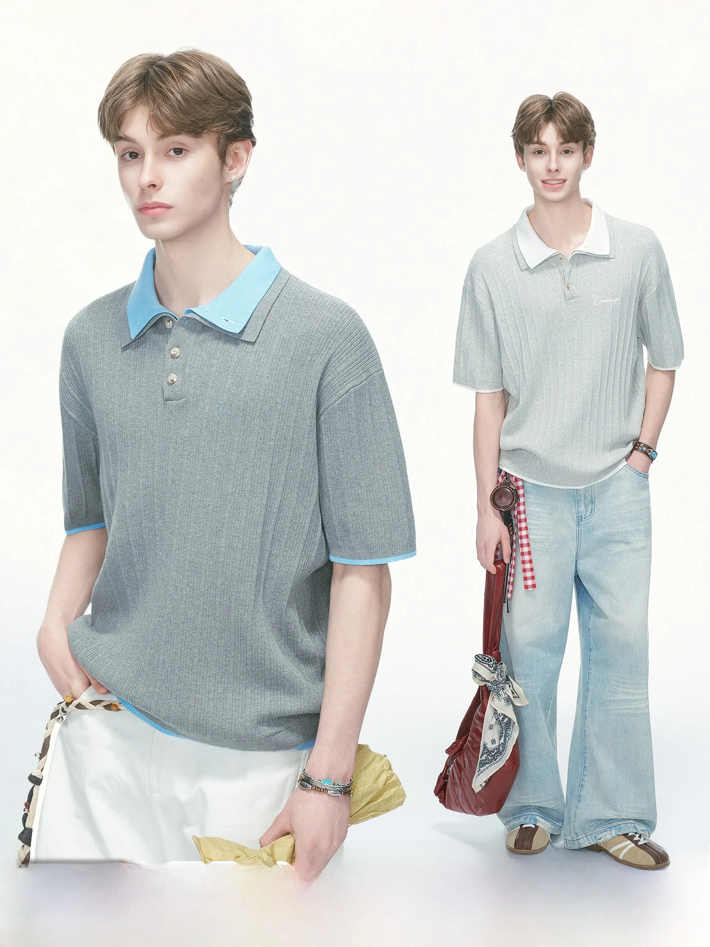 Dream Made American Style Color Block  Neck Knitted Short Sleeve T-Shirt Men Summer Couple Half Sleeve Top Breathable Com...