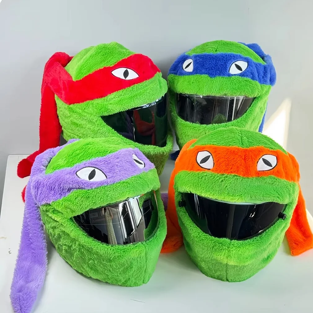 Cartoon Plush Animal Motorcycle Full Helmet Cover Green Funny Scratch Resistant Funda Casco Soft Ninja‑style Turtle Helmet Hood