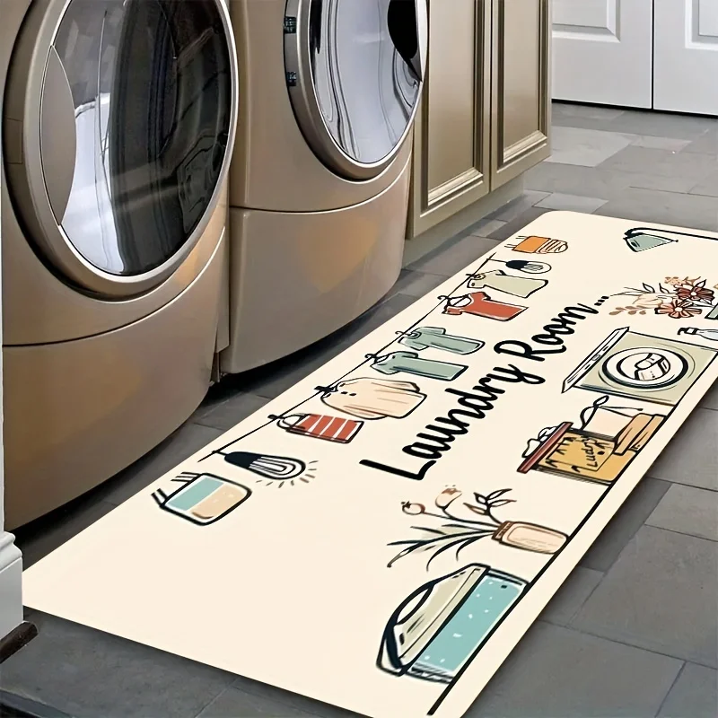 VIKAMA Long Laundry Room Doormat Cartoon Washing‑machine Clothes Print Wear‑resistant Non‑slip Water‑absorbing Household Floor