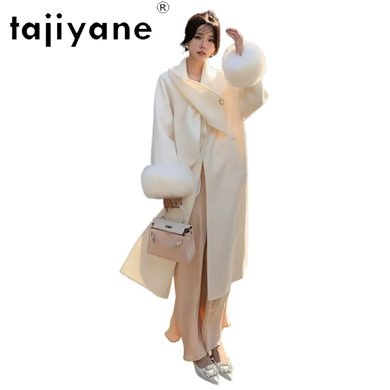 TAJIYANE 100% Sheep Wool Coat Women Autumn Winter Coat Detachable Fox Fur Cuffs Long Coats for Women Clothing Jackets New Пальто